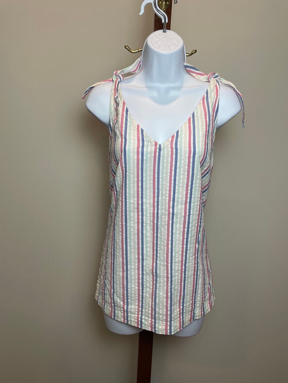 LOFT Tie Shoulder Blouse Size S White Stripe Cotton